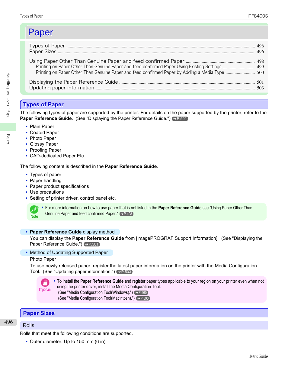 Paper, Types of paper, Paper sizes | Types of paper paper sizes, See "types of paper, P.496, See "paper sizes."), See "types of paper."), See "paper sizes | Canon imagePROGRAF iPF8400S User Manual | Page 496 / 1004