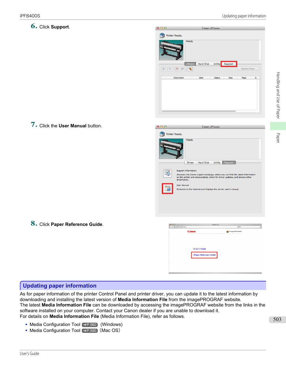 Updating paper information, Tool. (see "updating paper information."), P.503 | Canon imagePROGRAF iPF8400S User Manual | Page 503 / 1004