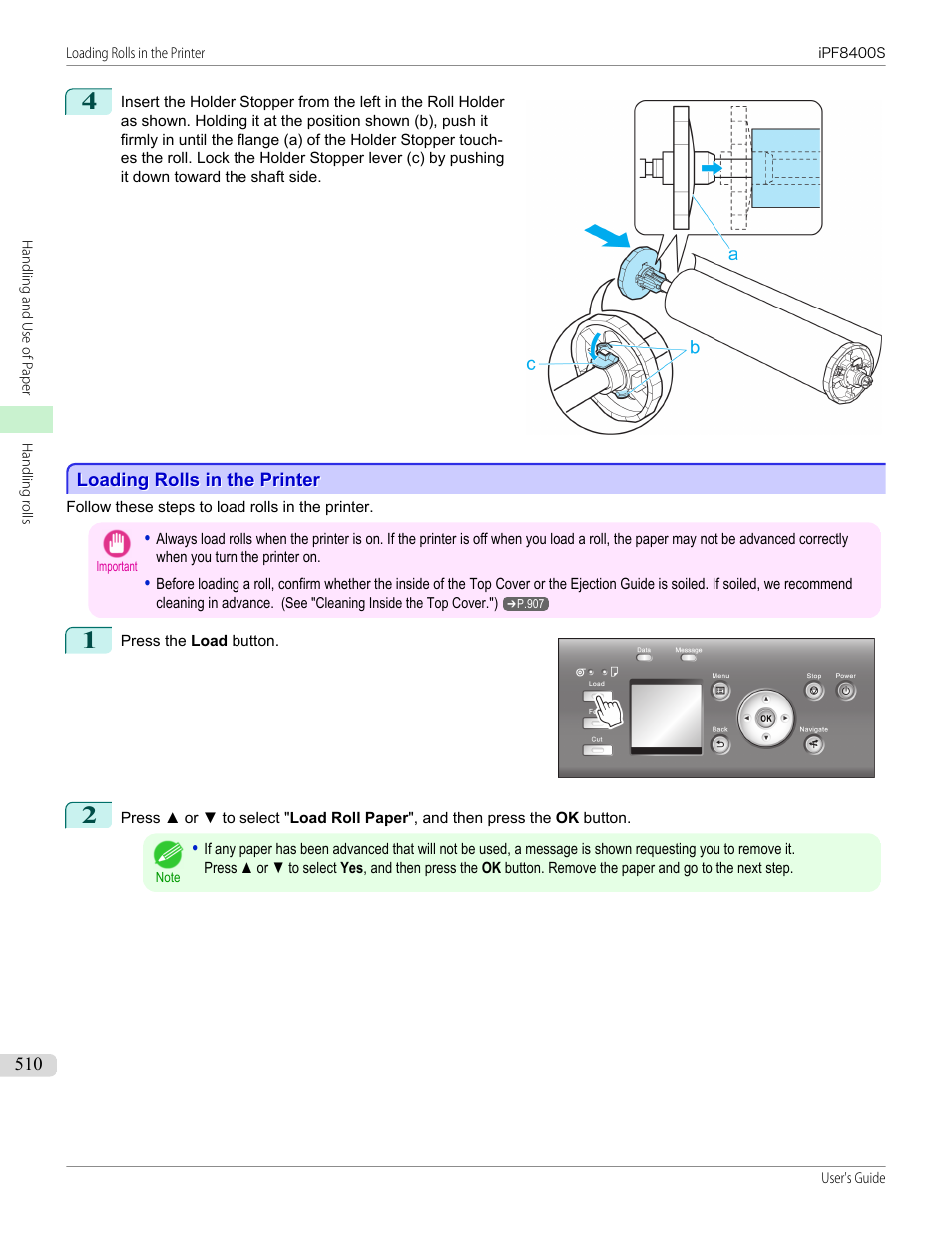 Loading rolls in the printer, P.510 | Canon imagePROGRAF iPF8400S User Manual | Page 510 / 1004