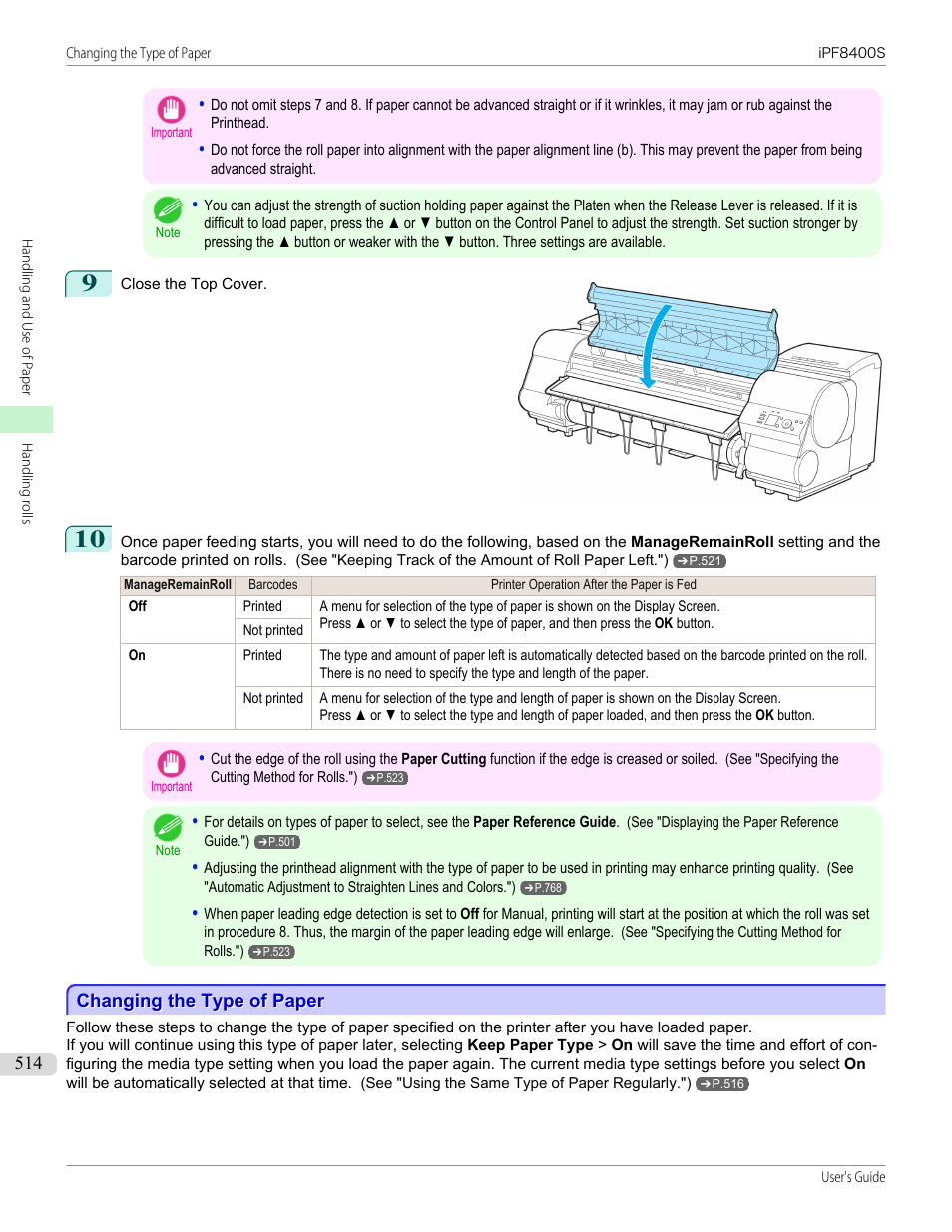 Changing the type of paper, P.514 | Canon imagePROGRAF iPF8400S User Manual | Page 514 / 1004
