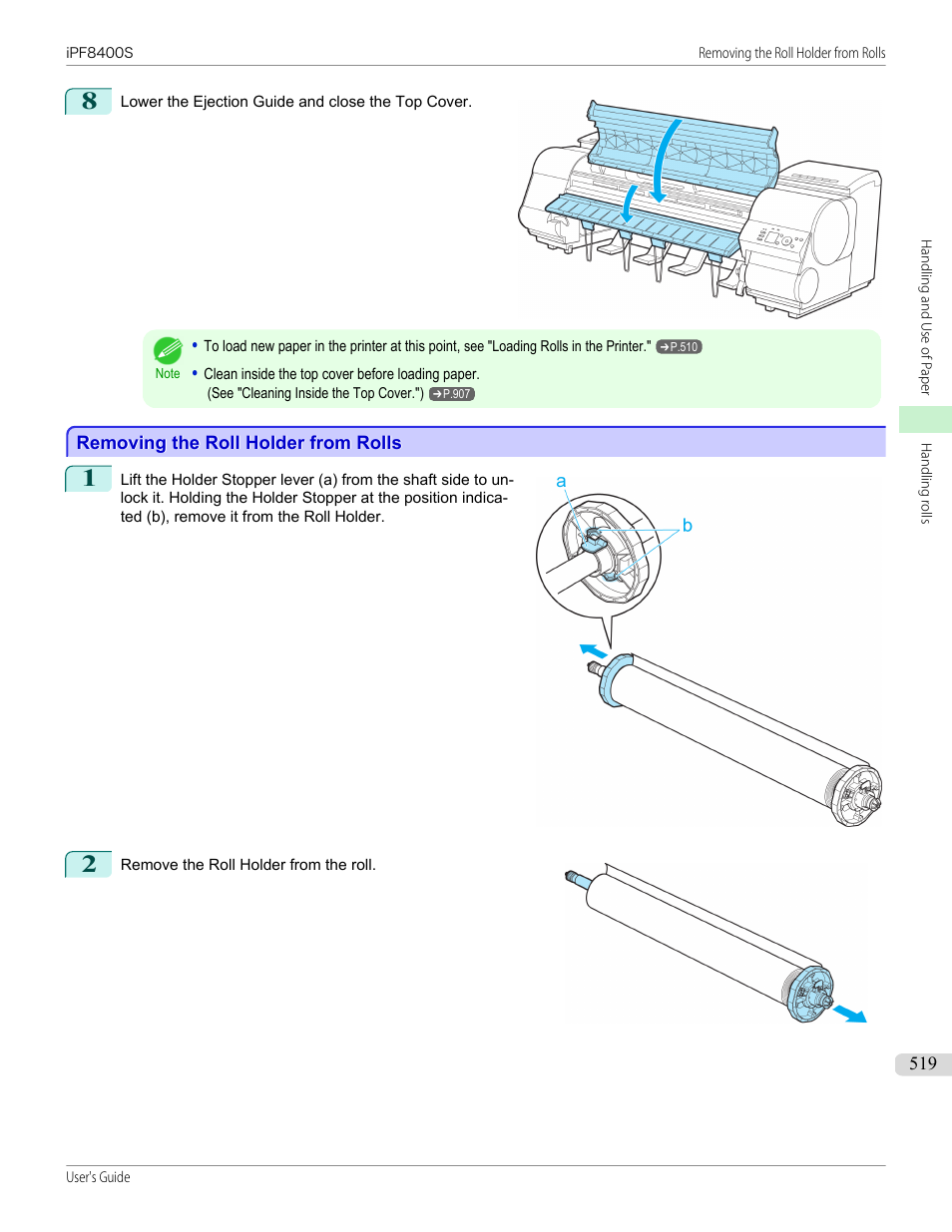 Removing the roll holder from rolls | Canon imagePROGRAF iPF8400S User Manual | Page 519 / 1004