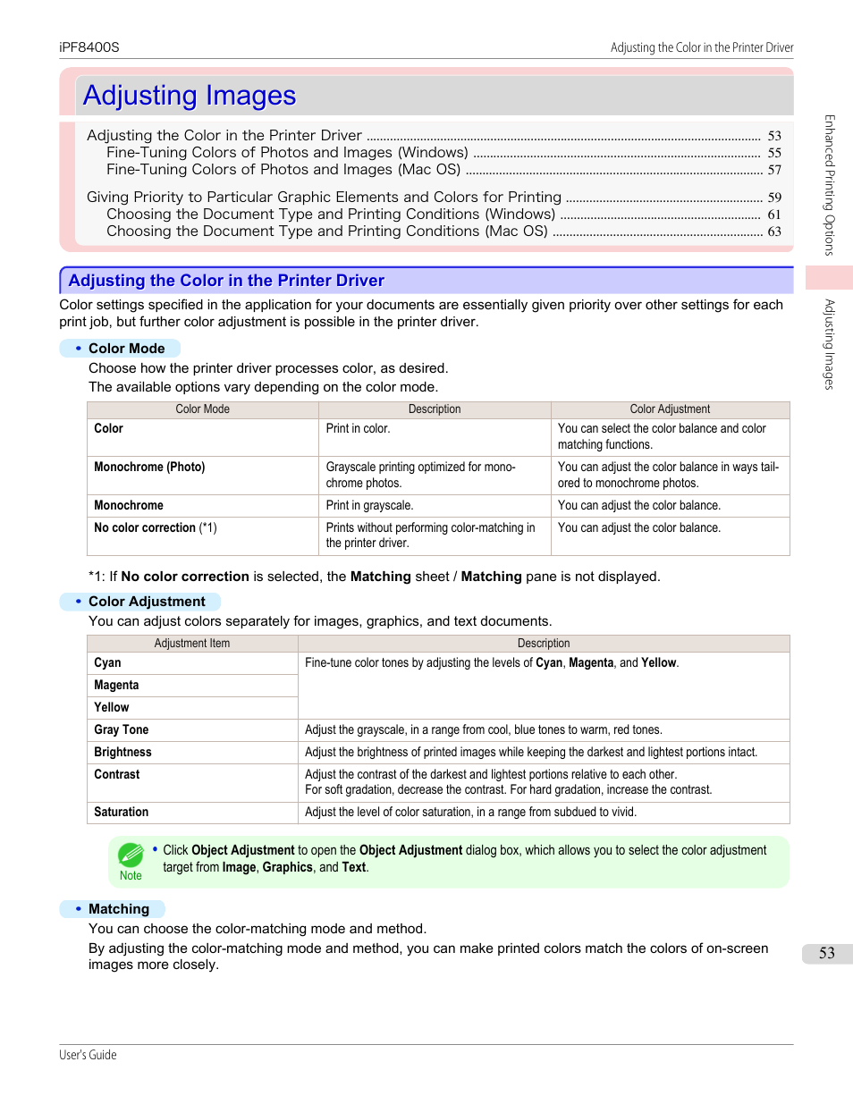 Adjusting images, Adjusting the color in the printer driver | Canon imagePROGRAF iPF8400S User Manual | Page 53 / 1004