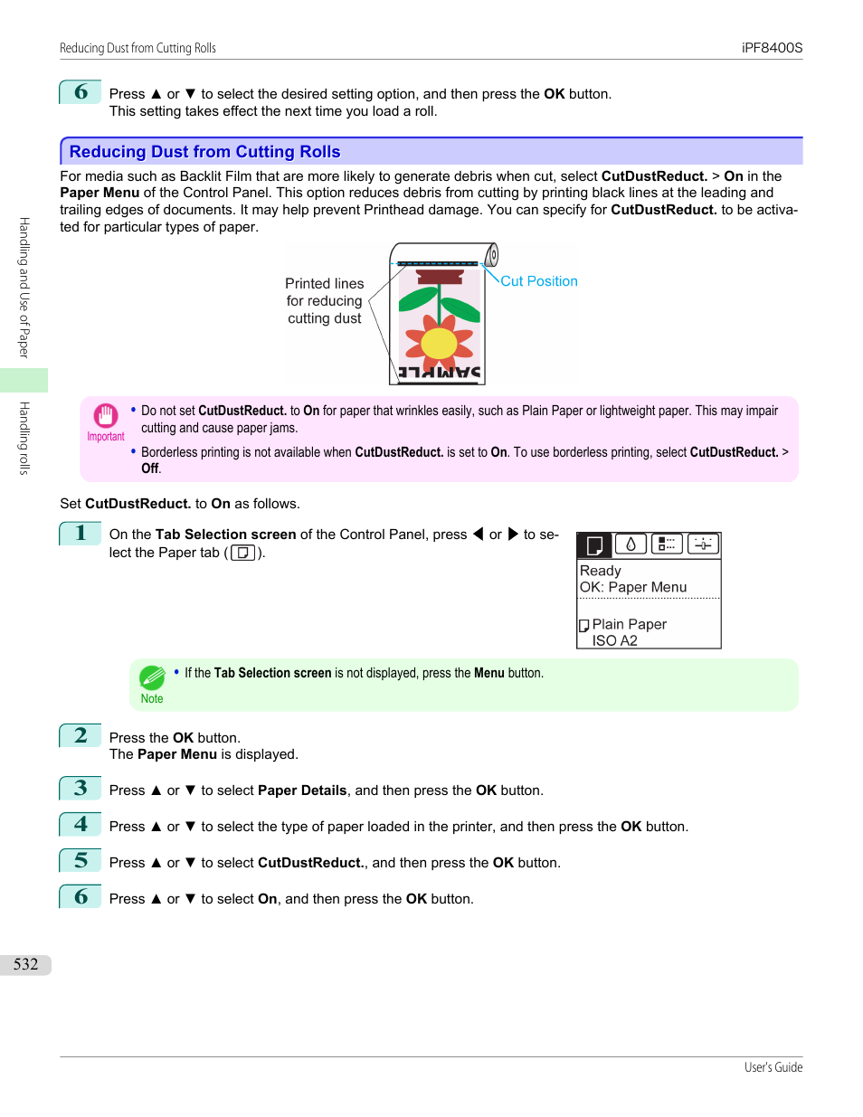 Reducing dust from cutting rolls | Canon imagePROGRAF iPF8400S User Manual | Page 532 / 1004