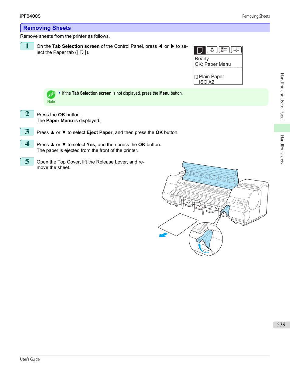 Removing sheets | Canon imagePROGRAF iPF8400S User Manual | Page 539 / 1004