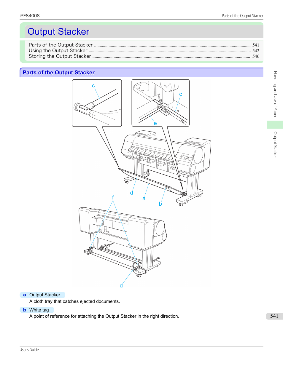 Output stacker, Parts of the output stacker | Canon imagePROGRAF iPF8400S User Manual | Page 541 / 1004