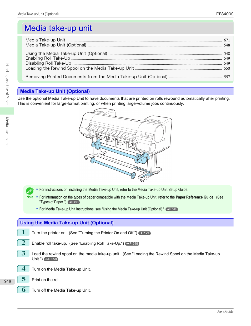 Media take-up unit, Media take-up unit (optional), Using the media take-up unit (optional) | Canon imagePROGRAF iPF8400S User Manual | Page 548 / 1004