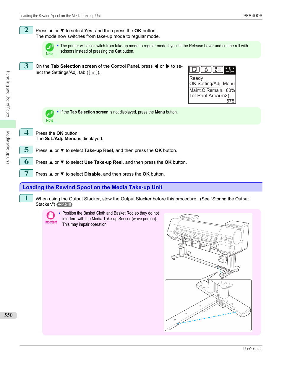 Loading the rewind spool on the media take-up unit, P.550 | Canon imagePROGRAF iPF8400S User Manual | Page 550 / 1004