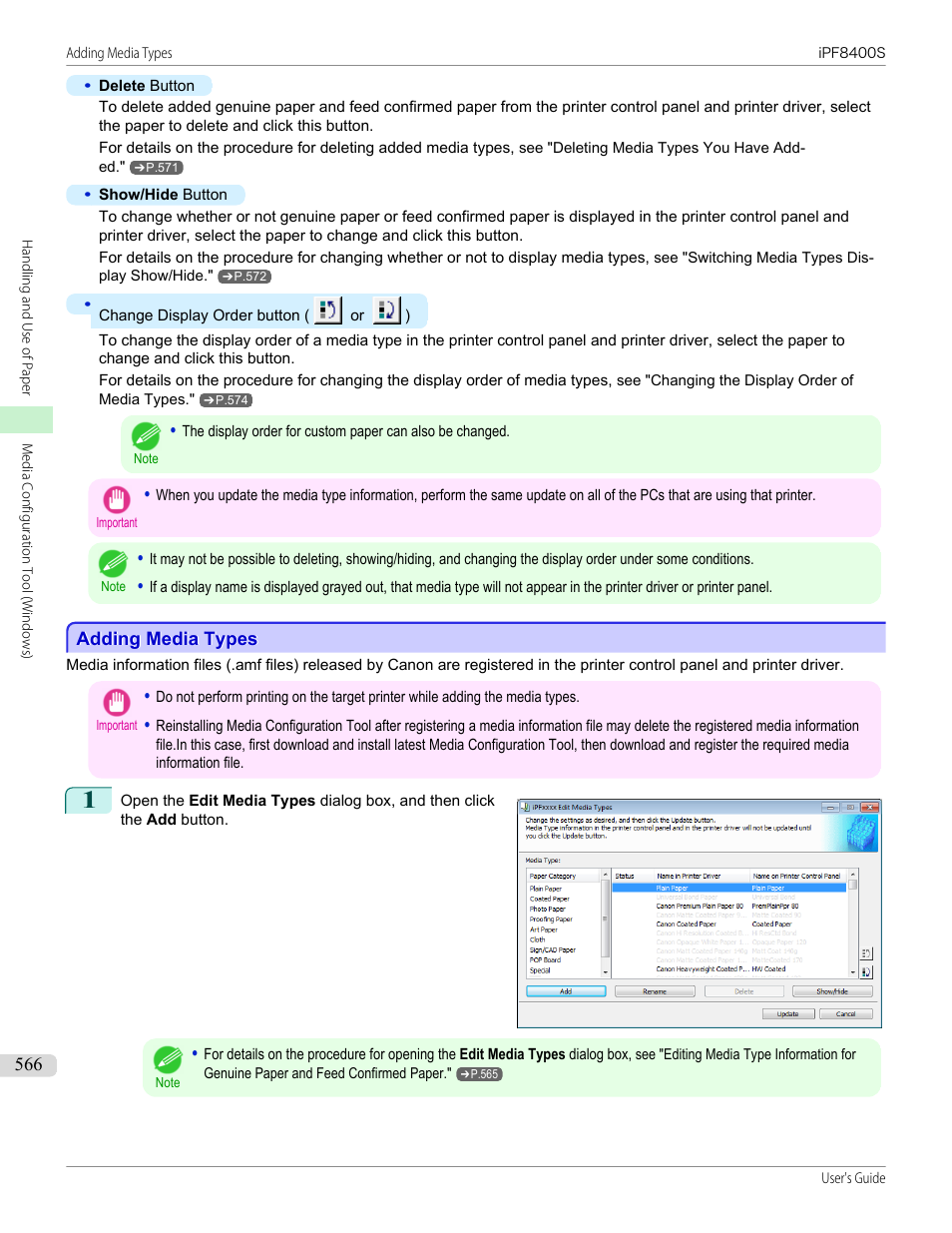 Adding media types, See "adding media types, P.566 | Canon imagePROGRAF iPF8400S User Manual | Page 566 / 1004