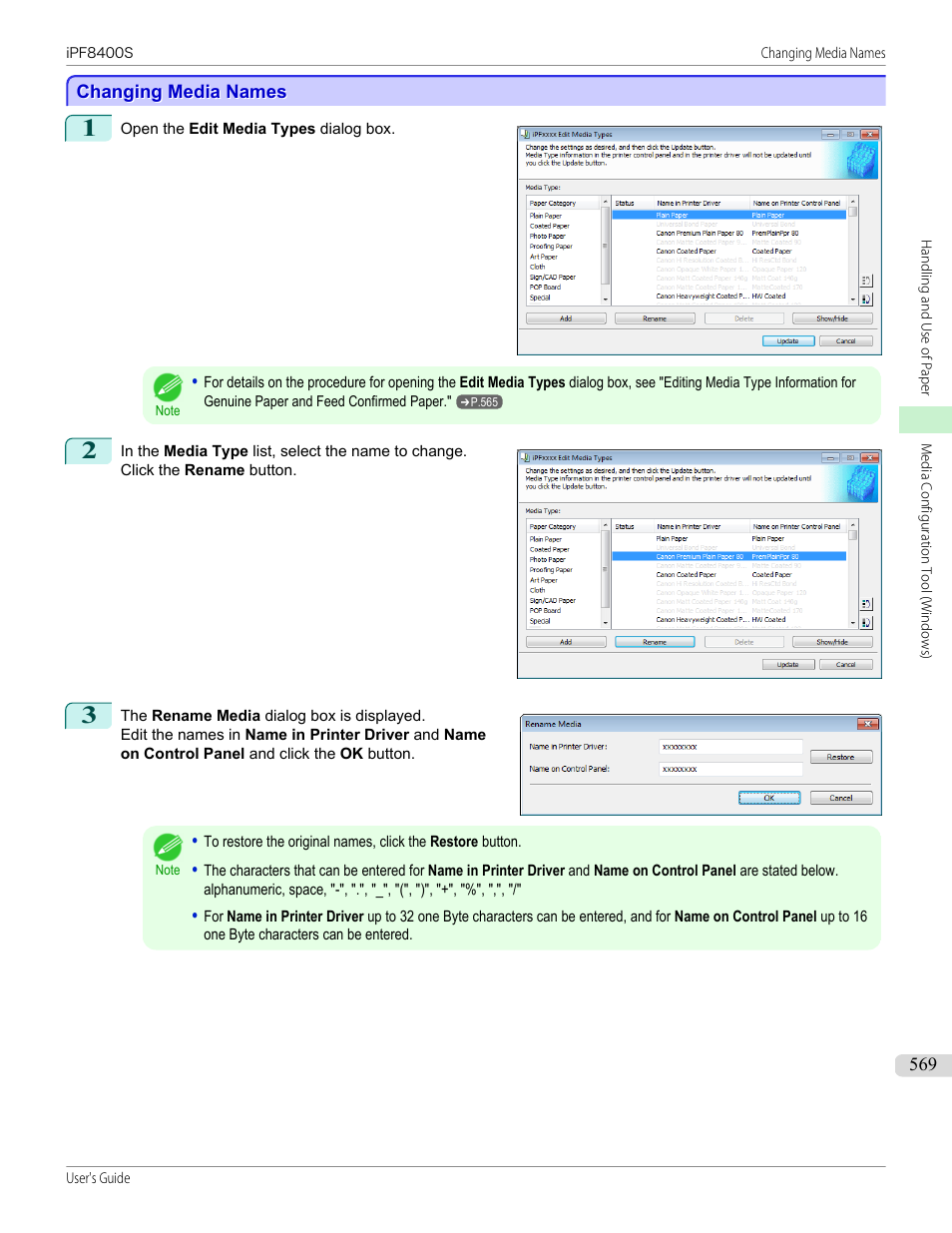 Changing media names, See "changing media names, P.569 | Canon imagePROGRAF iPF8400S User Manual | Page 569 / 1004