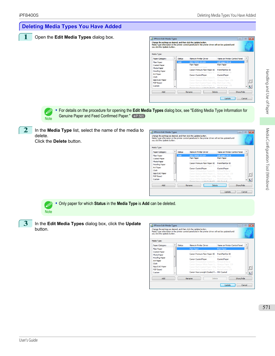 Deleting media types you have added, P.571 | Canon imagePROGRAF iPF8400S User Manual | Page 571 / 1004