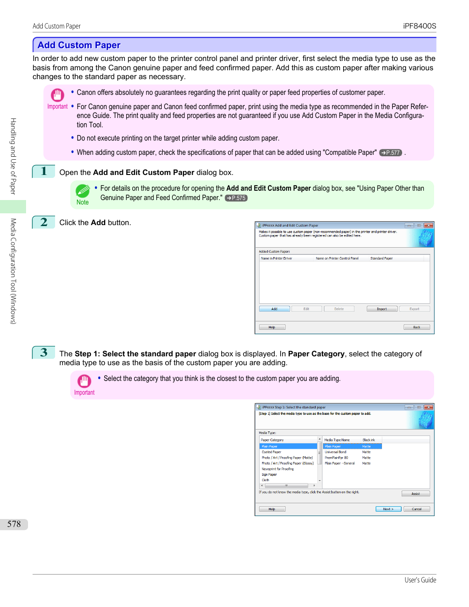Add custom paper, P.578 | Canon imagePROGRAF iPF8400S User Manual | Page 578 / 1004