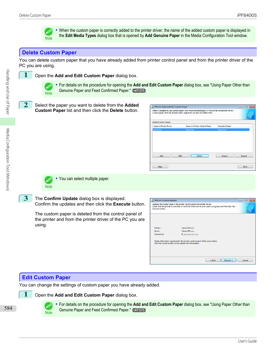 Delete custom paper, Edit custom paper, Delete custom paper edit custom paper | See "edit custom paper, P.584, See "delete custom paper | Canon imagePROGRAF iPF8400S User Manual | Page 584 / 1004