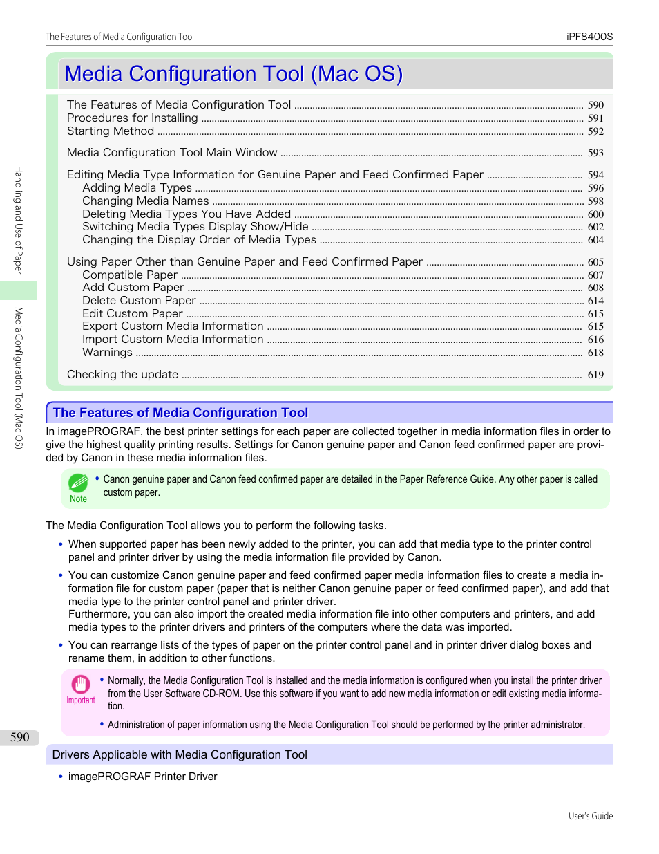 Media configuration tool (mac os), The features of media configuration tool, Media configuration tool | See "media configuration tool(macintosh)."), P.590, Macintosh | Canon imagePROGRAF iPF8400S User Manual | Page 590 / 1004