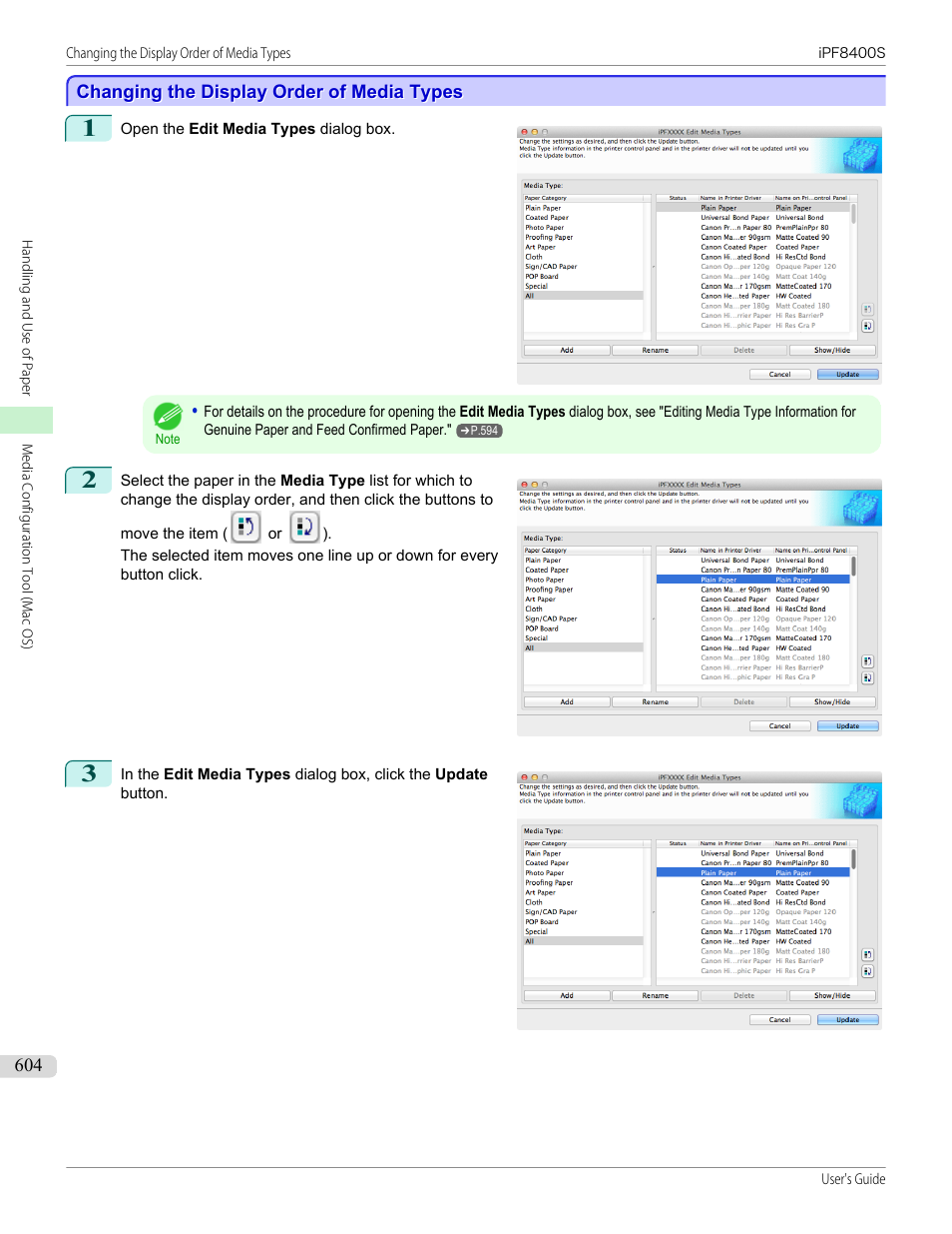 Changing the display order of media types, P.604 | Canon imagePROGRAF iPF8400S User Manual | Page 604 / 1004