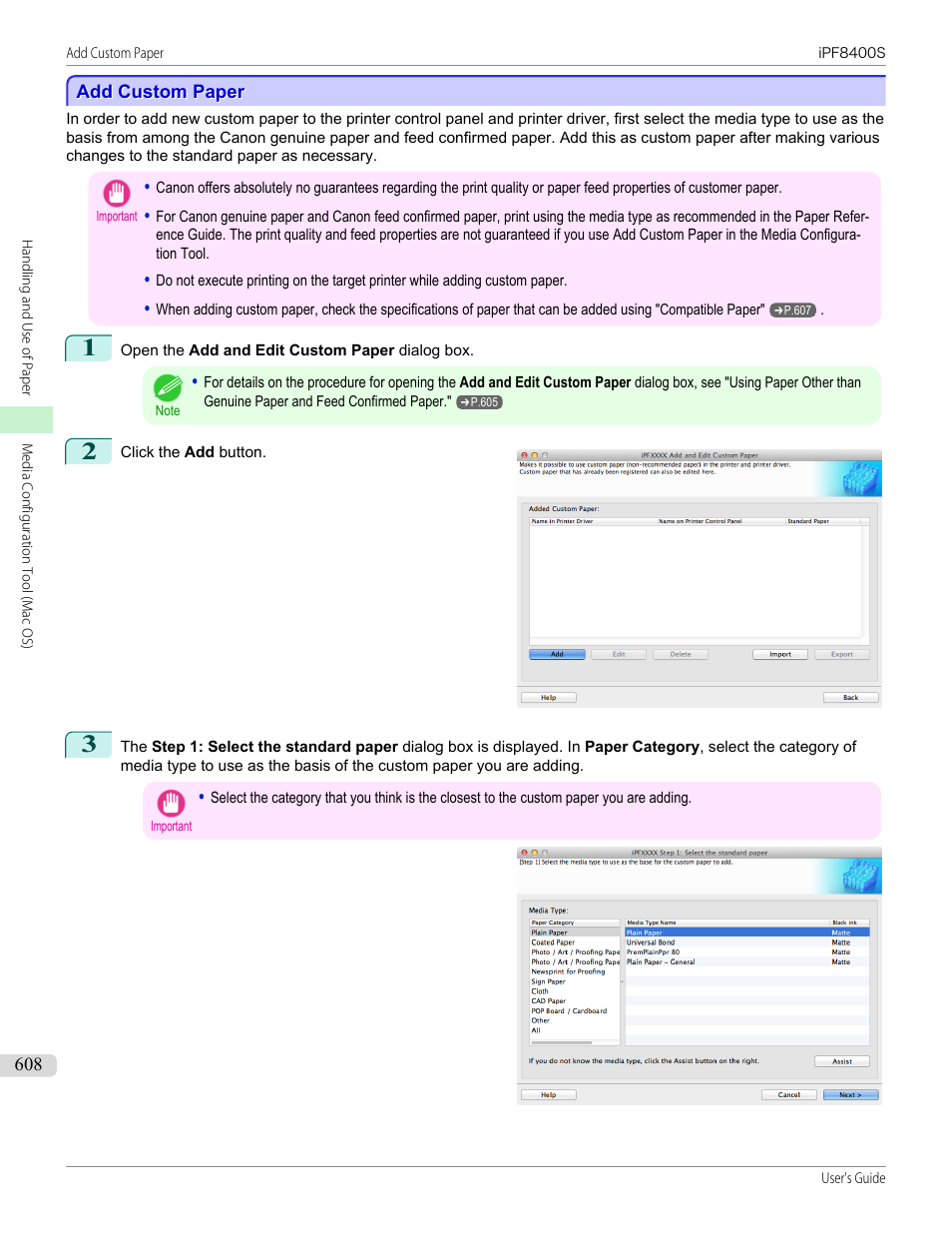 Add custom paper, P.608 | Canon imagePROGRAF iPF8400S User Manual | Page 608 / 1004