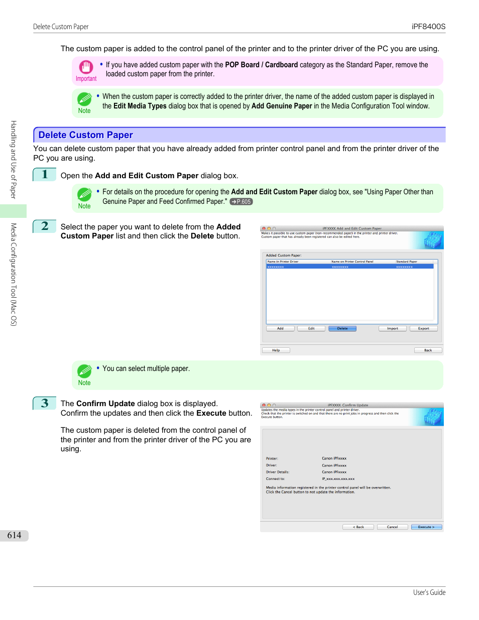 Delete custom paper, See "delete custom paper, P.614 | Canon imagePROGRAF iPF8400S User Manual | Page 614 / 1004