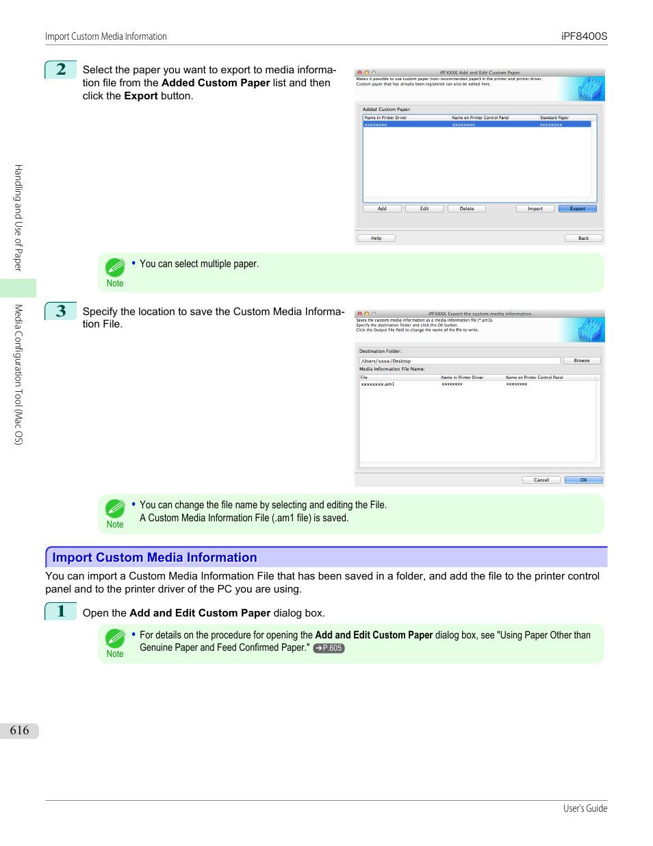 Import custom media information, P.616 | Canon imagePROGRAF iPF8400S User Manual | Page 616 / 1004