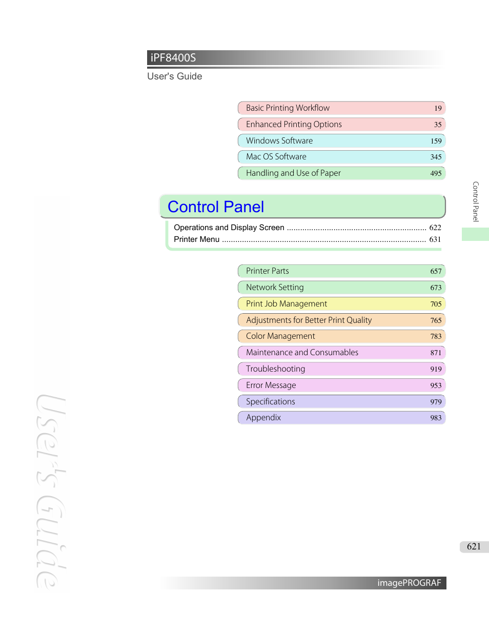 Control panel, Ipf8400s | Canon imagePROGRAF iPF8400S User Manual | Page 621 / 1004