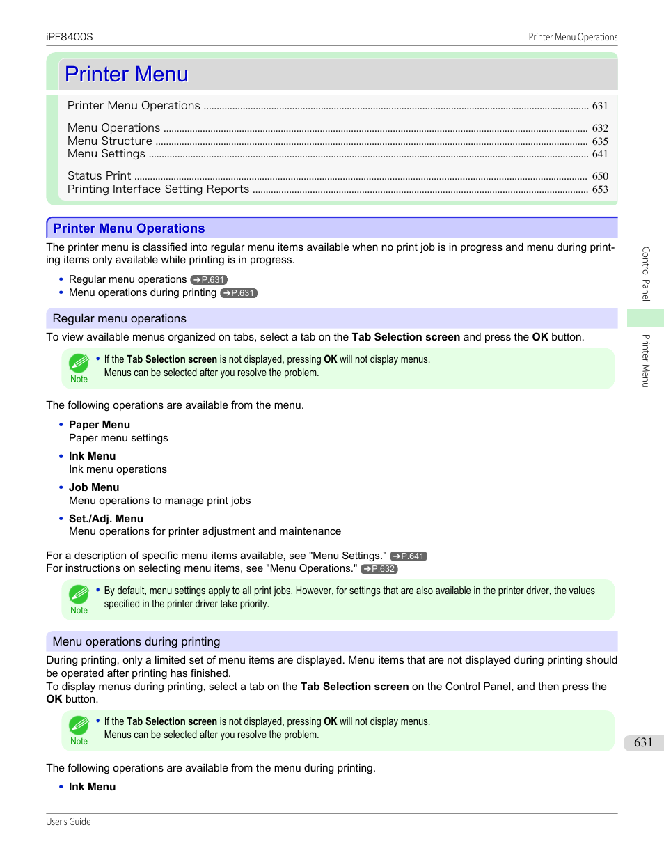 Printer menu, Printer menu operations | Canon imagePROGRAF iPF8400S User Manual | Page 631 / 1004