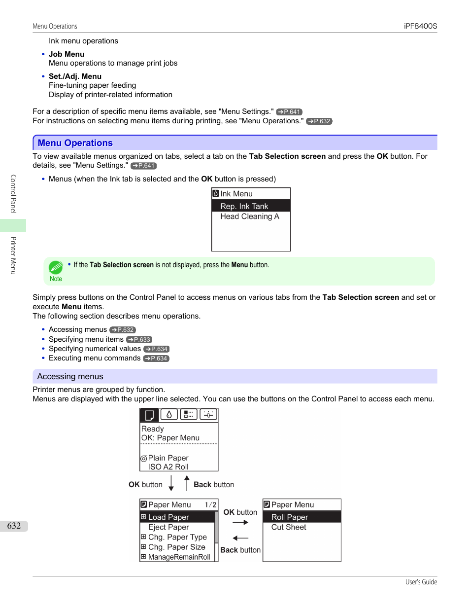 Menu operations, See "menu operations, P.632 | Canon imagePROGRAF iPF8400S User Manual | Page 632 / 1004