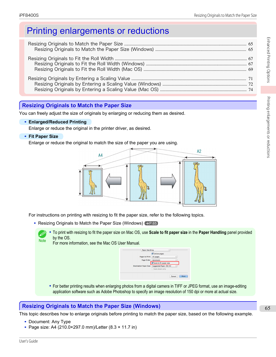 Printing enlargements or reductions, Resizing originals to match the paper size, See "resizing originals to match the paper size.") | P.65 | Canon imagePROGRAF iPF8400S User Manual | Page 65 / 1004