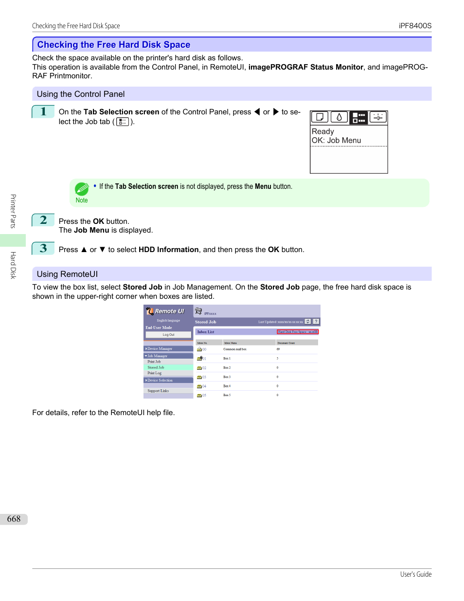 Checking the free hard disk space | Canon imagePROGRAF iPF8400S User Manual | Page 668 / 1004