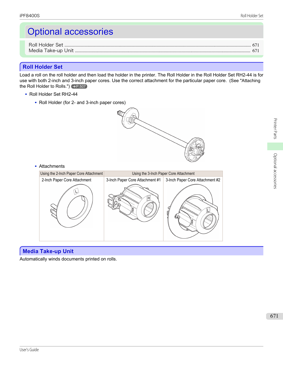 Optional accessories, Roll holder set, Media take-up unit | Roll holder set media take-up unit, See "media take-up unit, P.671 | Canon imagePROGRAF iPF8400S User Manual | Page 671 / 1004