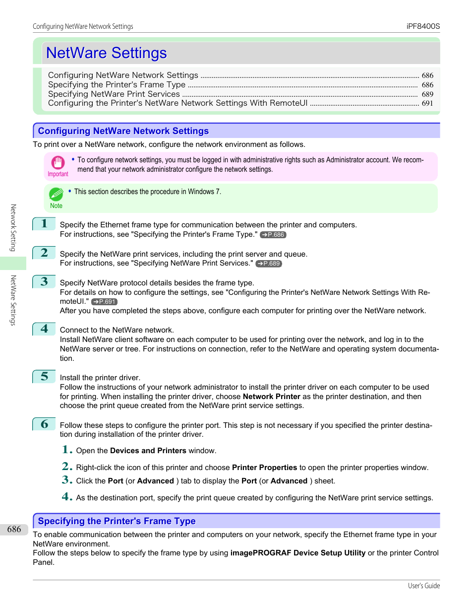 Netware settings, Configuring netware network settings, Specifying the printer's frame type | Canon imagePROGRAF iPF8400S User Manual | Page 686 / 1004