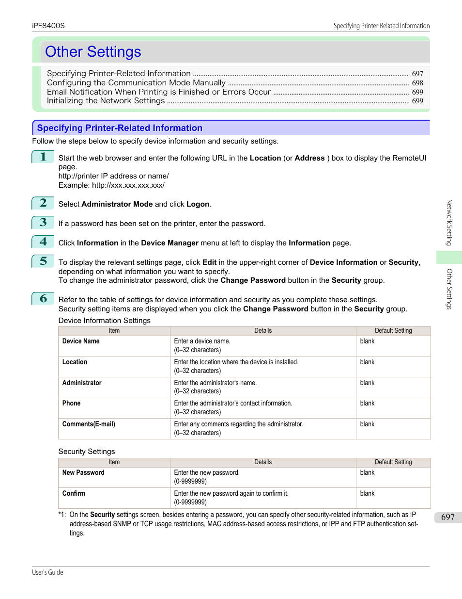 Other settings, Specifying printer-related information, P.697 | Canon imagePROGRAF iPF8400S User Manual | Page 697 / 1004
