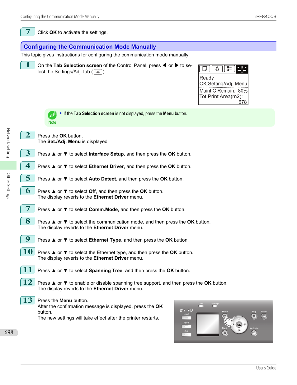 Configuring the communication mode manually | Canon imagePROGRAF iPF8400S User Manual | Page 698 / 1004