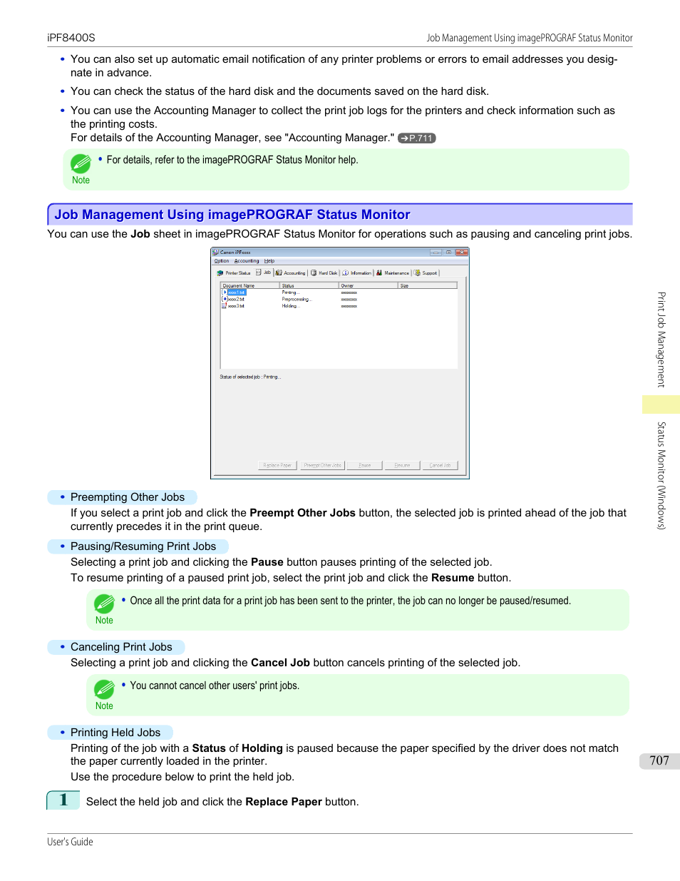 Job management using imageprograf status monitor | Canon imagePROGRAF iPF8400S User Manual | Page 707 / 1004