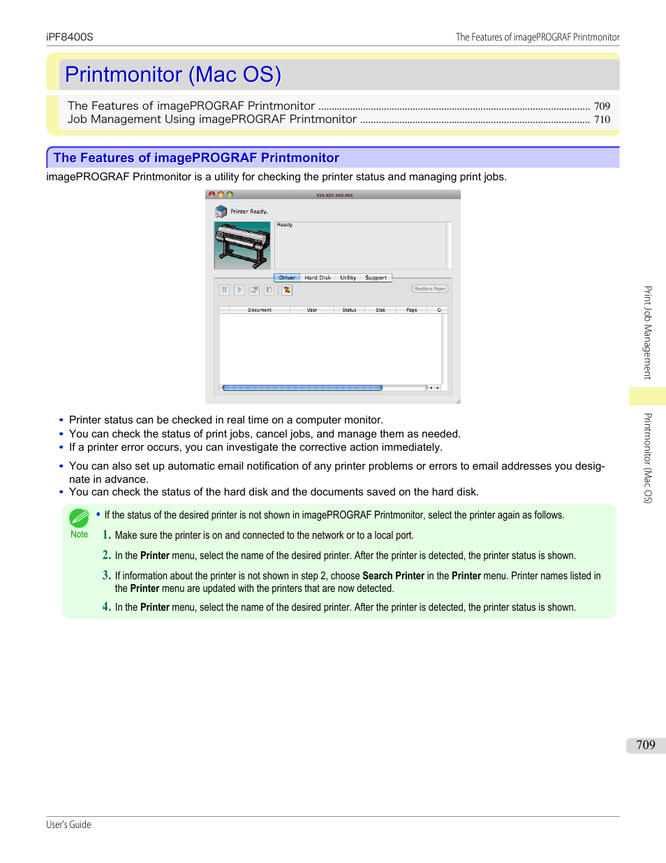 Printmonitor (mac os), The features of imageprograf printmonitor, Printmonitor | Canon imagePROGRAF iPF8400S User Manual | Page 709 / 1004