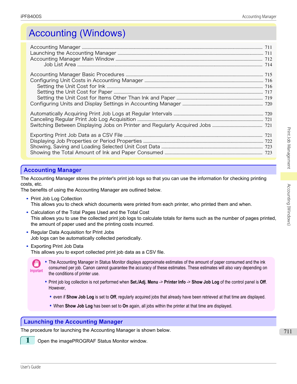 Accounting (windows), Accounting manager, Launching the accounting manager | Accounting | Canon imagePROGRAF iPF8400S User Manual | Page 711 / 1004