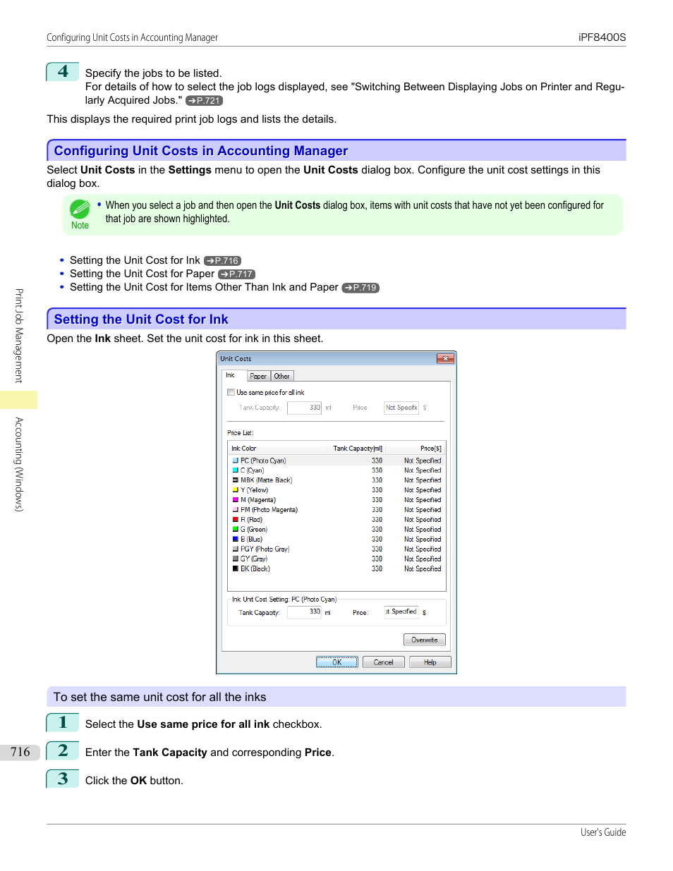 Configuring unit costs in accounting manager, Setting the unit cost for ink, P.716 | Canon imagePROGRAF iPF8400S User Manual | Page 716 / 1004