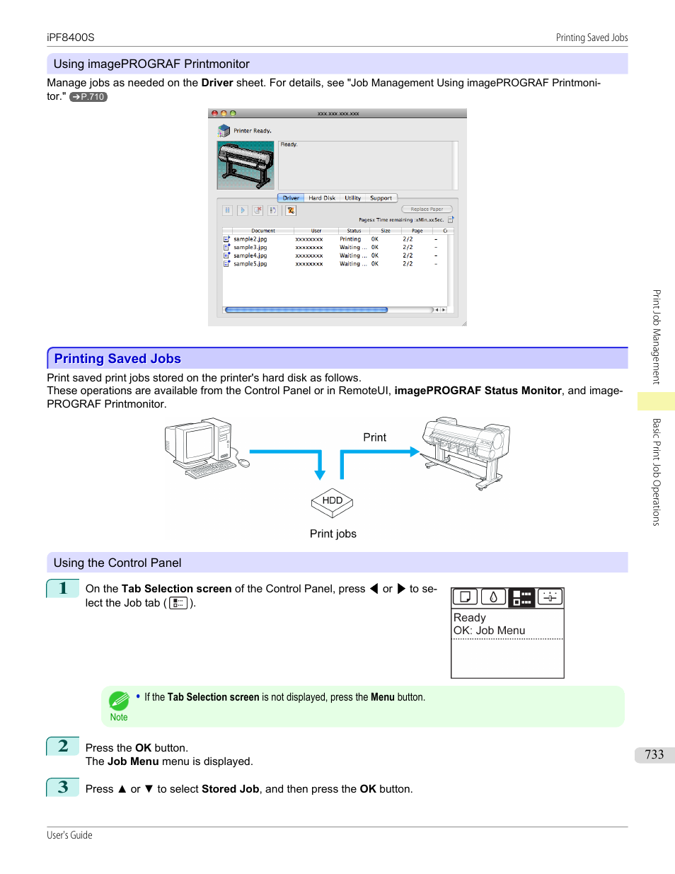 Printing saved jobs | Canon imagePROGRAF iPF8400S User Manual | Page 733 / 1004