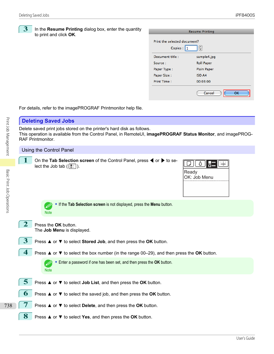 Deleting saved jobs | Canon imagePROGRAF iPF8400S User Manual | Page 738 / 1004