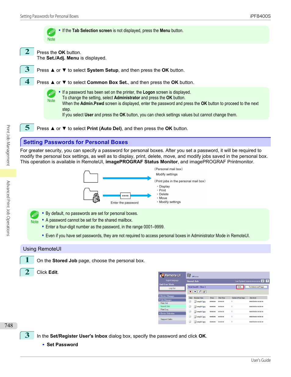 Setting passwords for personal boxes | Canon imagePROGRAF iPF8400S User Manual | Page 748 / 1004