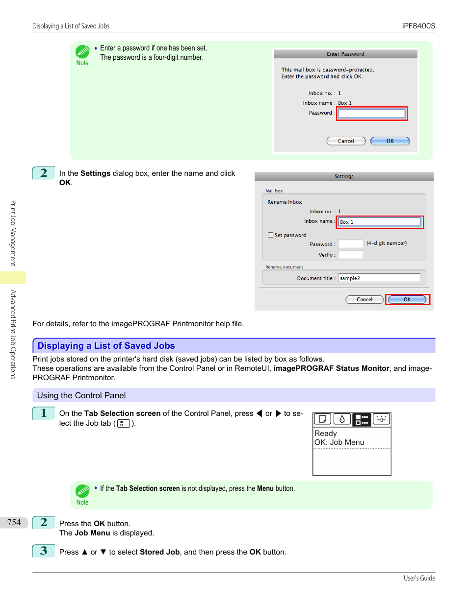 Displaying a list of saved jobs | Canon imagePROGRAF iPF8400S User Manual | Page 754 / 1004