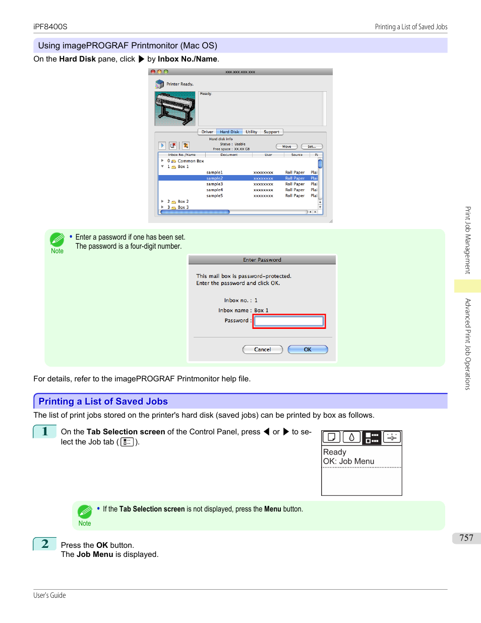 Printing a list of saved jobs | Canon imagePROGRAF iPF8400S User Manual | Page 757 / 1004