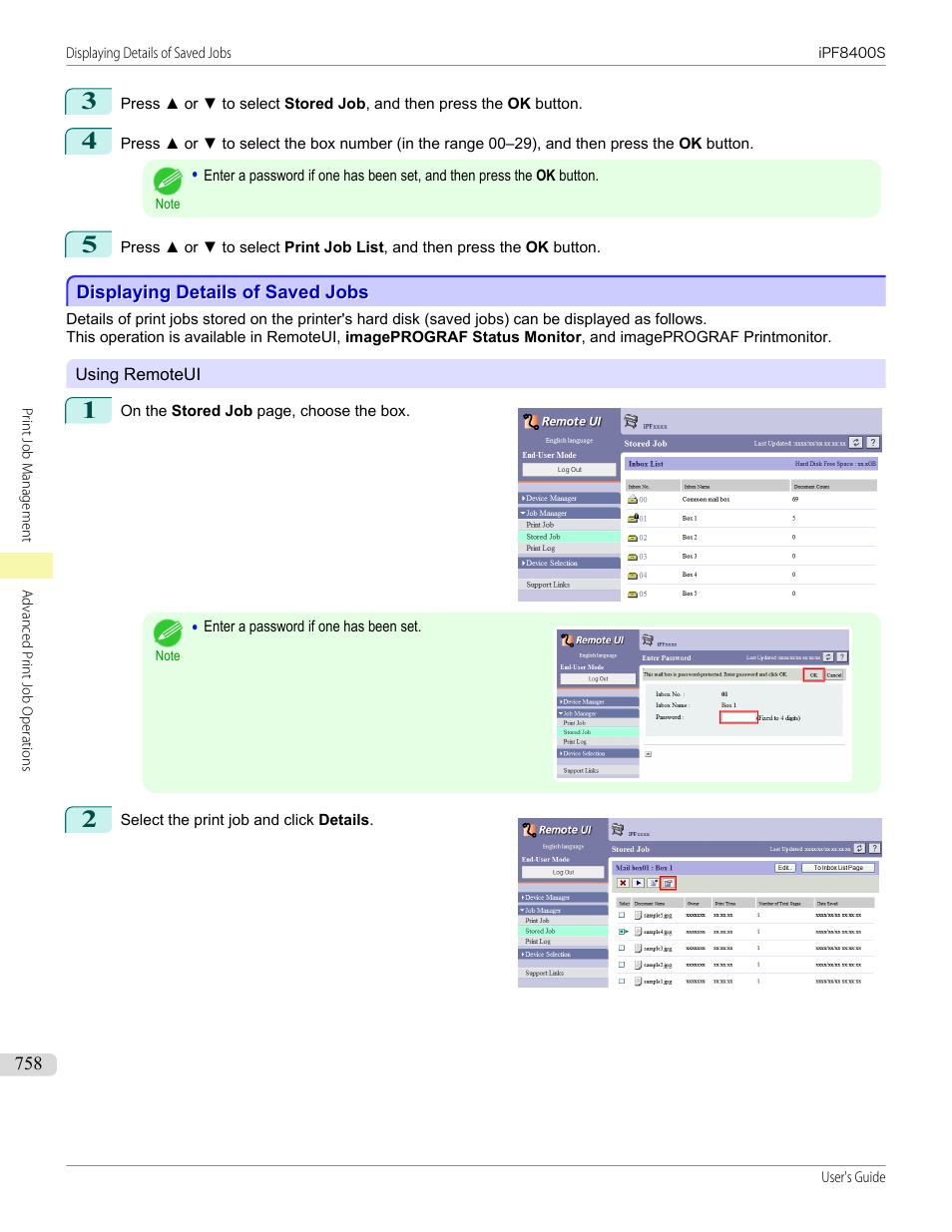 Displaying details of saved jobs | Canon imagePROGRAF iPF8400S User Manual | Page 758 / 1004