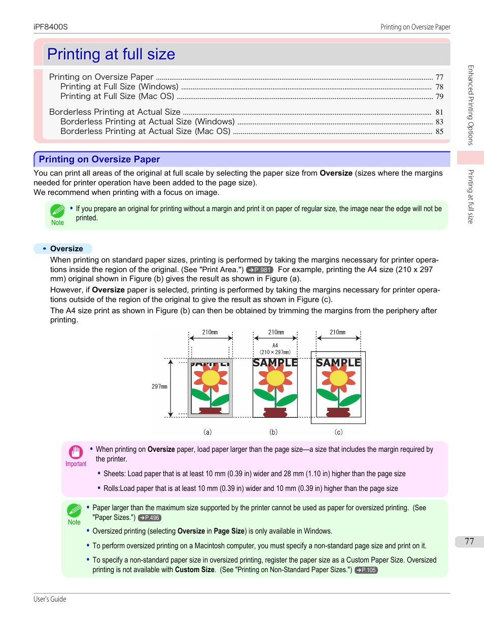 Printing at full size, Printing on oversize paper | Canon imagePROGRAF iPF8400S User Manual | Page 77 / 1004