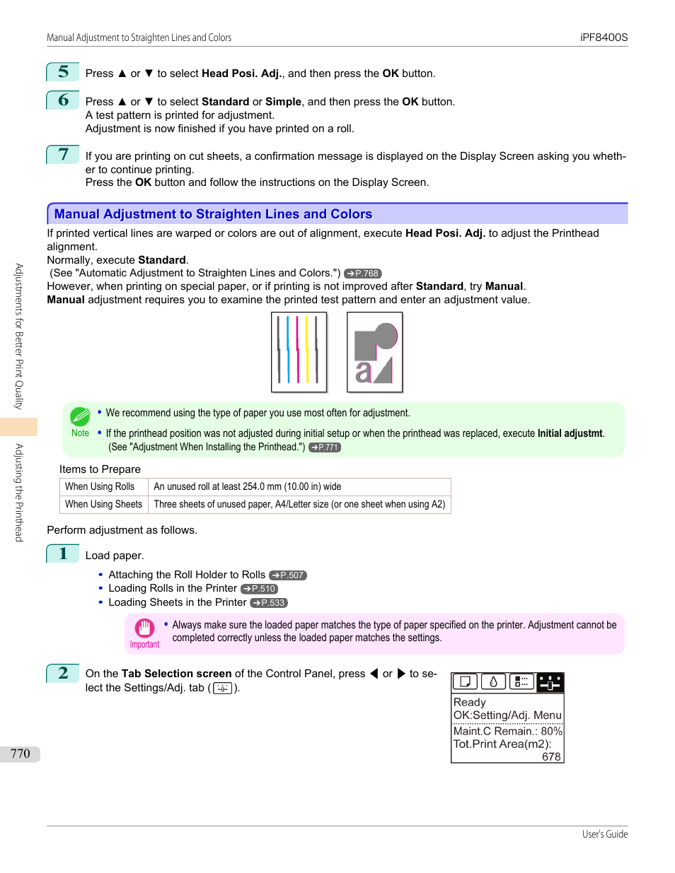 Manual adjustment to straighten lines and colors, P.770 | Canon imagePROGRAF iPF8400S User Manual | Page 770 / 1004