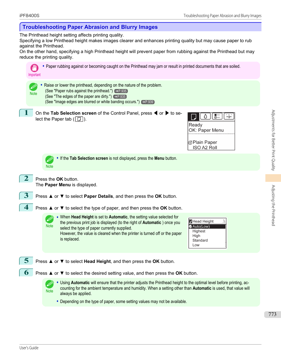 Troubleshooting paper abrasion and blurry images, P.773 | Canon imagePROGRAF iPF8400S User Manual | Page 773 / 1004