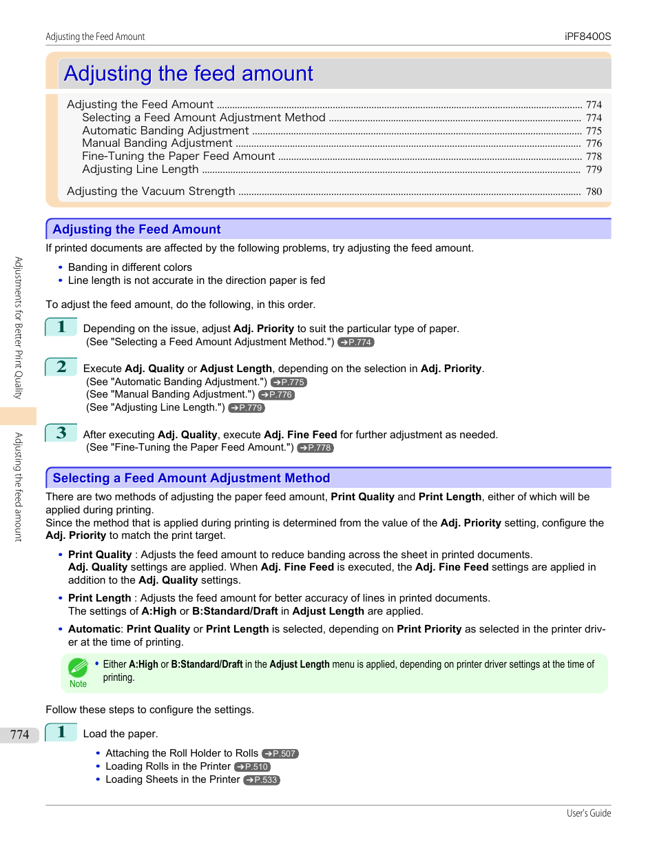 Adjusting the feed amount, Selecting a feed amount adjustment method, See "adjusting the feed amount.") | P.774 | Canon imagePROGRAF iPF8400S User Manual | Page 774 / 1004