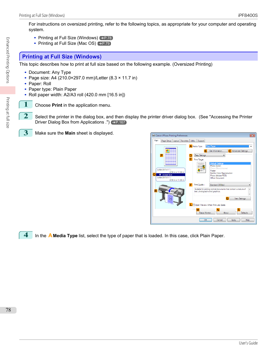 Printing at full size (windows) | Canon imagePROGRAF iPF8400S User Manual | Page 78 / 1004