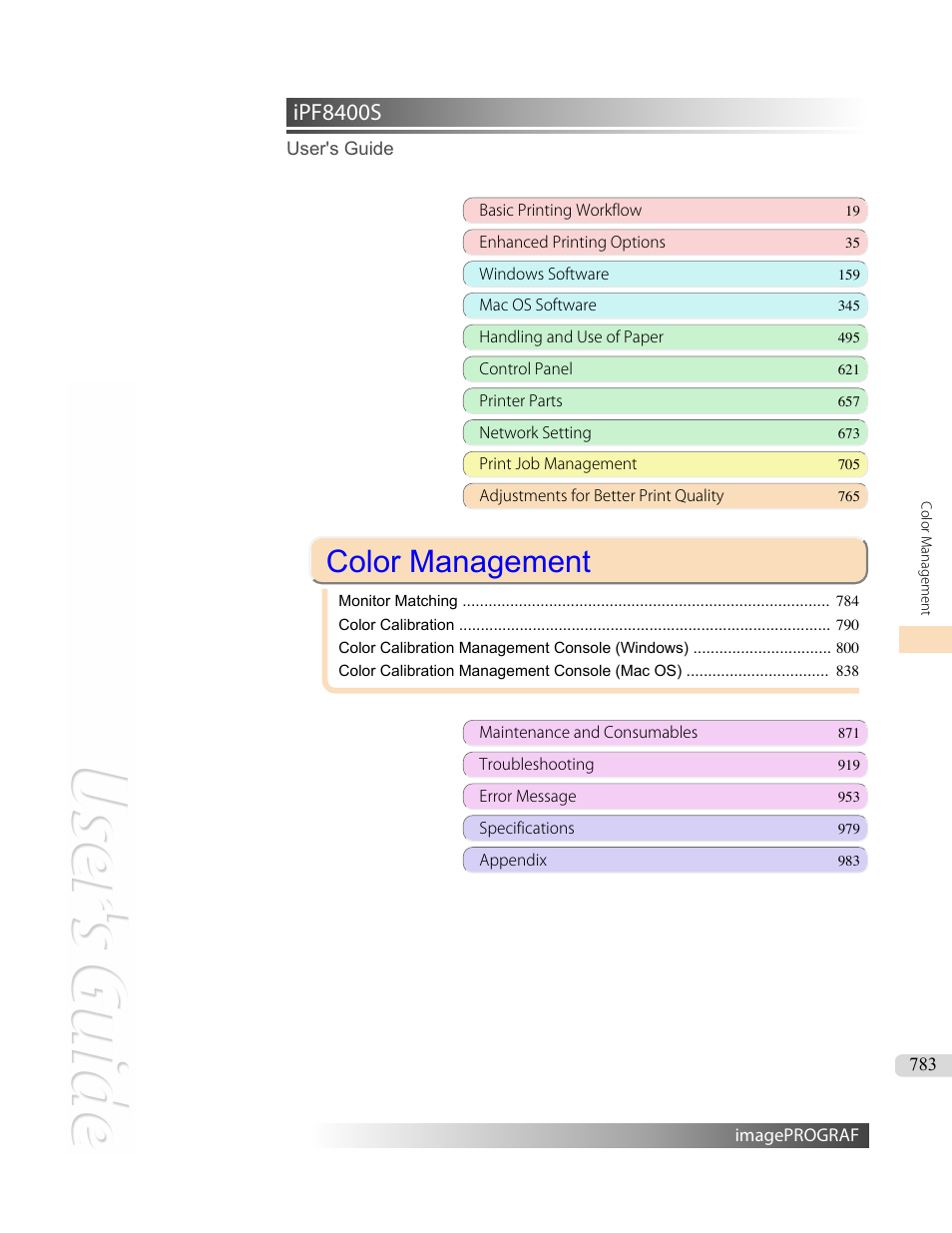 Color management, Ipf8400s | Canon imagePROGRAF iPF8400S User Manual | Page 783 / 1004