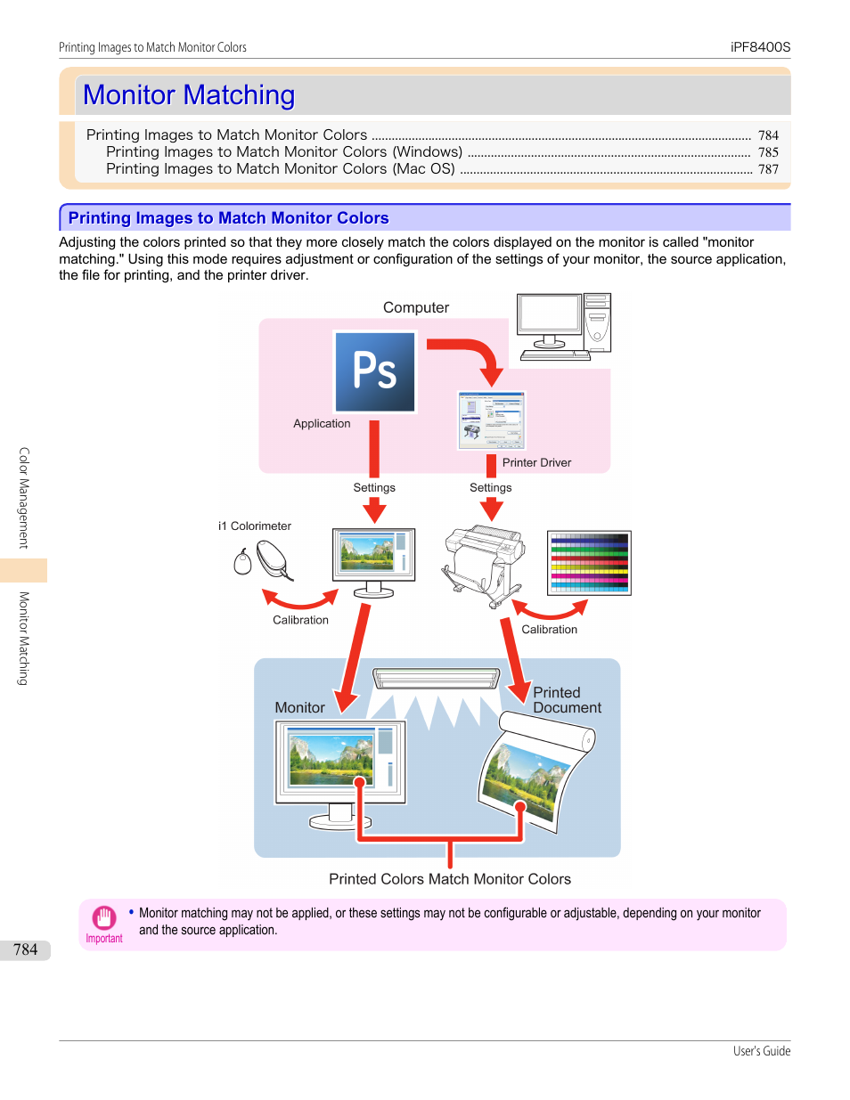 Monitor matching, Printing images to match monitor colors | Canon imagePROGRAF iPF8400S User Manual | Page 784 / 1004