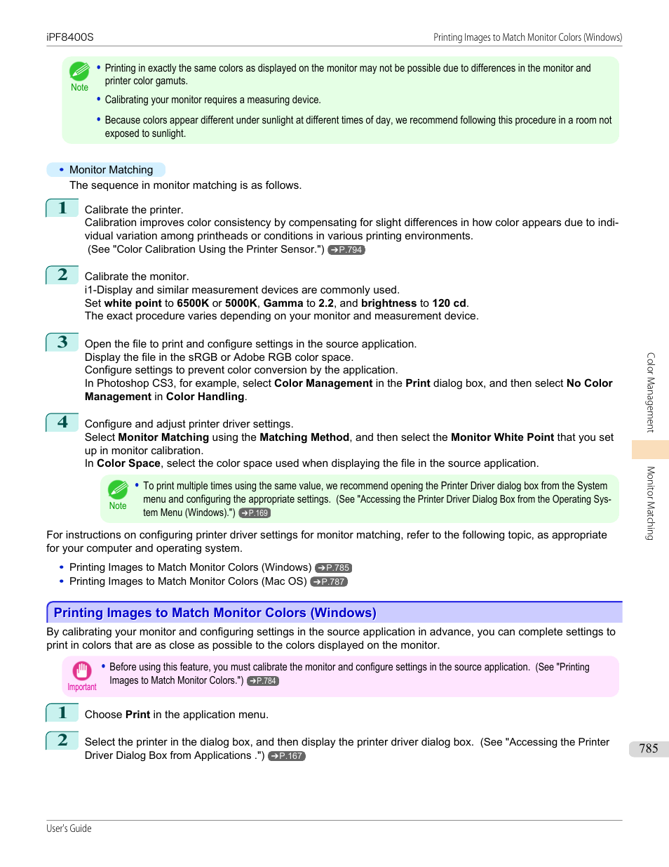 Printing images to match monitor colors (windows) | Canon imagePROGRAF iPF8400S User Manual | Page 785 / 1004