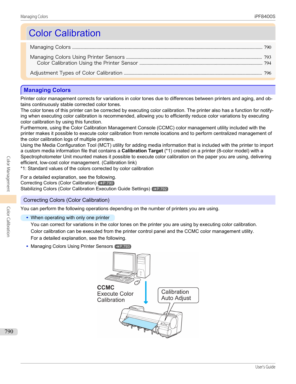 Color calibration, Managing colors | Canon imagePROGRAF iPF8400S User Manual | Page 790 / 1004