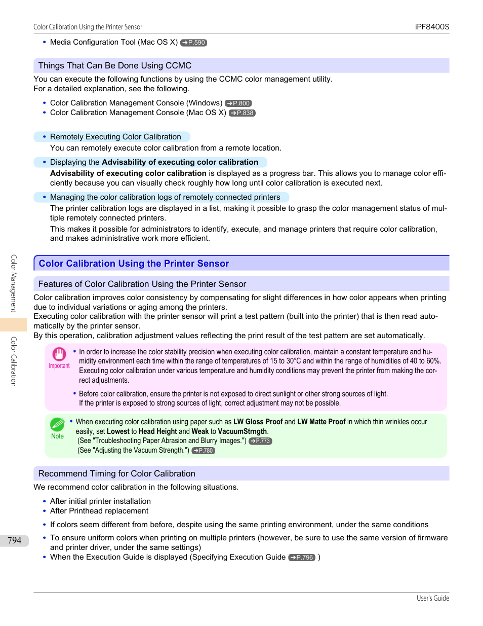 Color calibration using the printer sensor, See "color calibration using the printer sensor."), P.794 | Canon imagePROGRAF iPF8400S User Manual | Page 794 / 1004